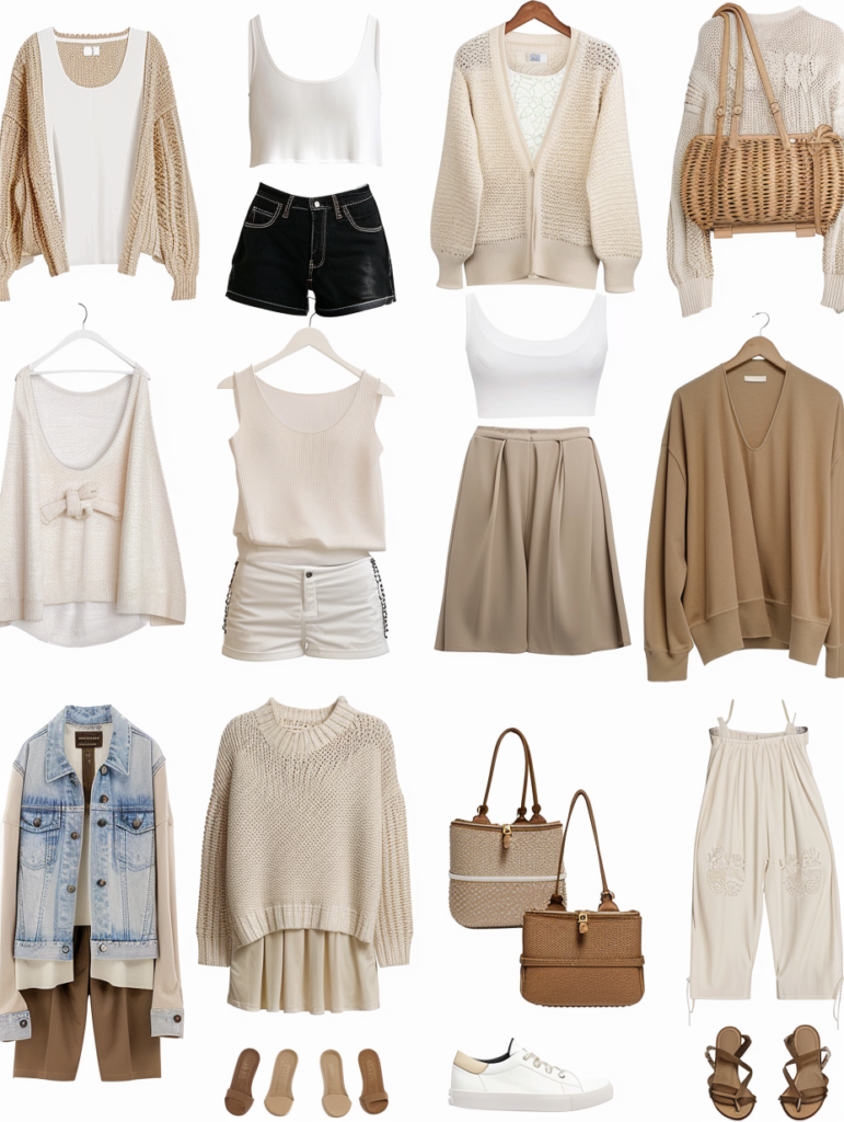 Middle and lower sections of effortless neutral capsule wardrobe 2026 displaying cream chunky knit sweaters, white tanks with distressed jeans, beige satin slip dresses, white graphic tees, olive ribbed tanks, and cream cardigans with lace camisoles paired with sandals and woven bags