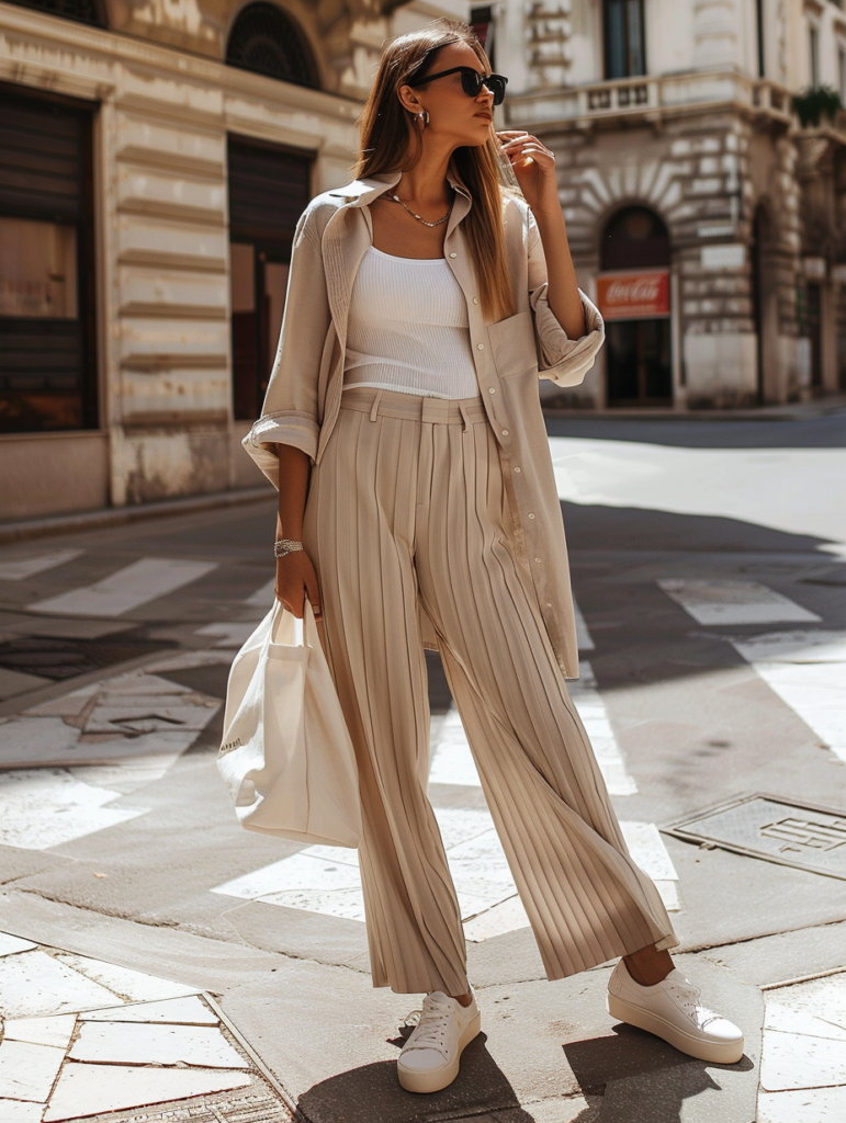 Full-body view of a woman in effortless neutral summer outfit 2026 wearing a cream button-up shirt over a white ribbed tank, high-waisted beige pleated wide-leg trousers, white sneakers, and black sunglasses on a sunlit street with classic architecture