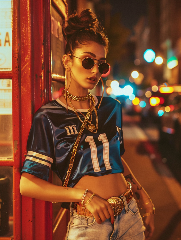 Full-body street style shot of a woman in urban sporty chic outfit 2026, wearing a cropped navy NFL jersey with number 11, light-wash baggy jeans, gold coin belt, layered gold jewelry, and small luxury handbag, standing near a red telephone booth at night