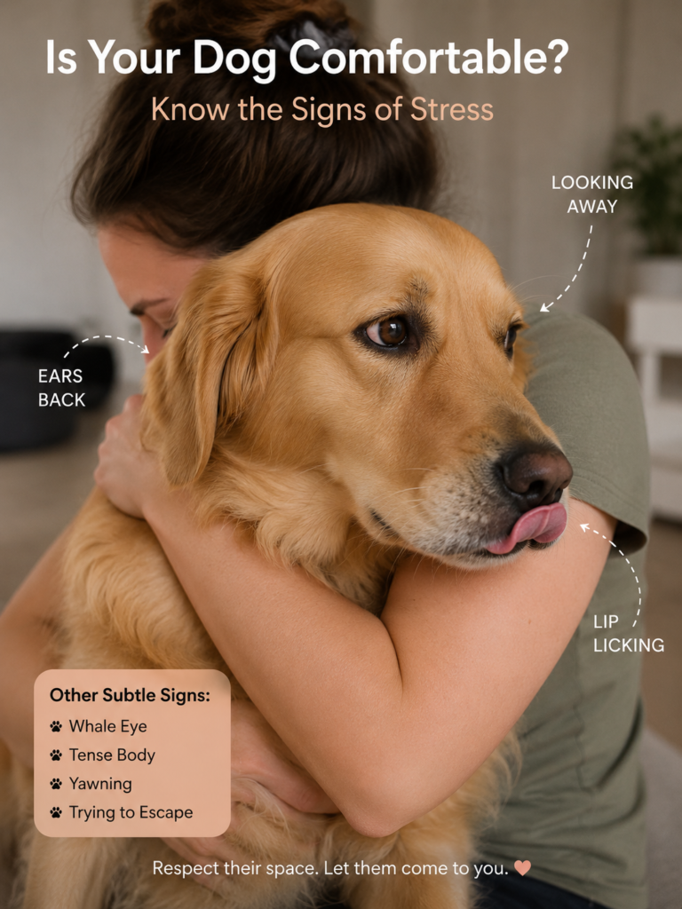 dog tolerating a hug but showing stress signals