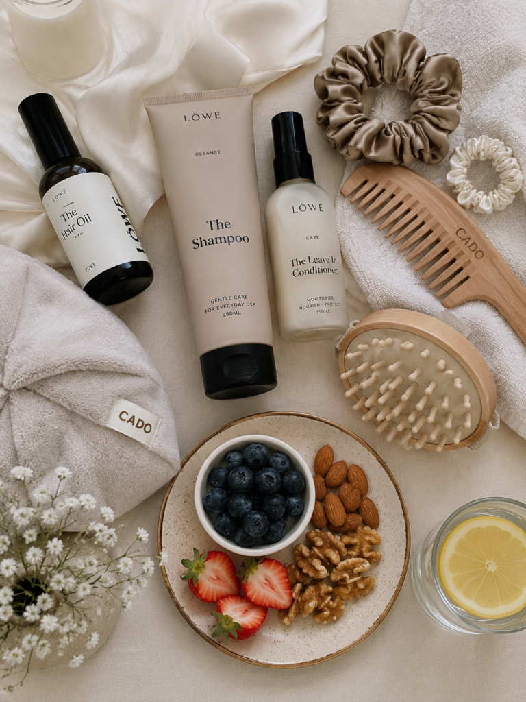 feminine hair care flat lay with healthy hair essentials