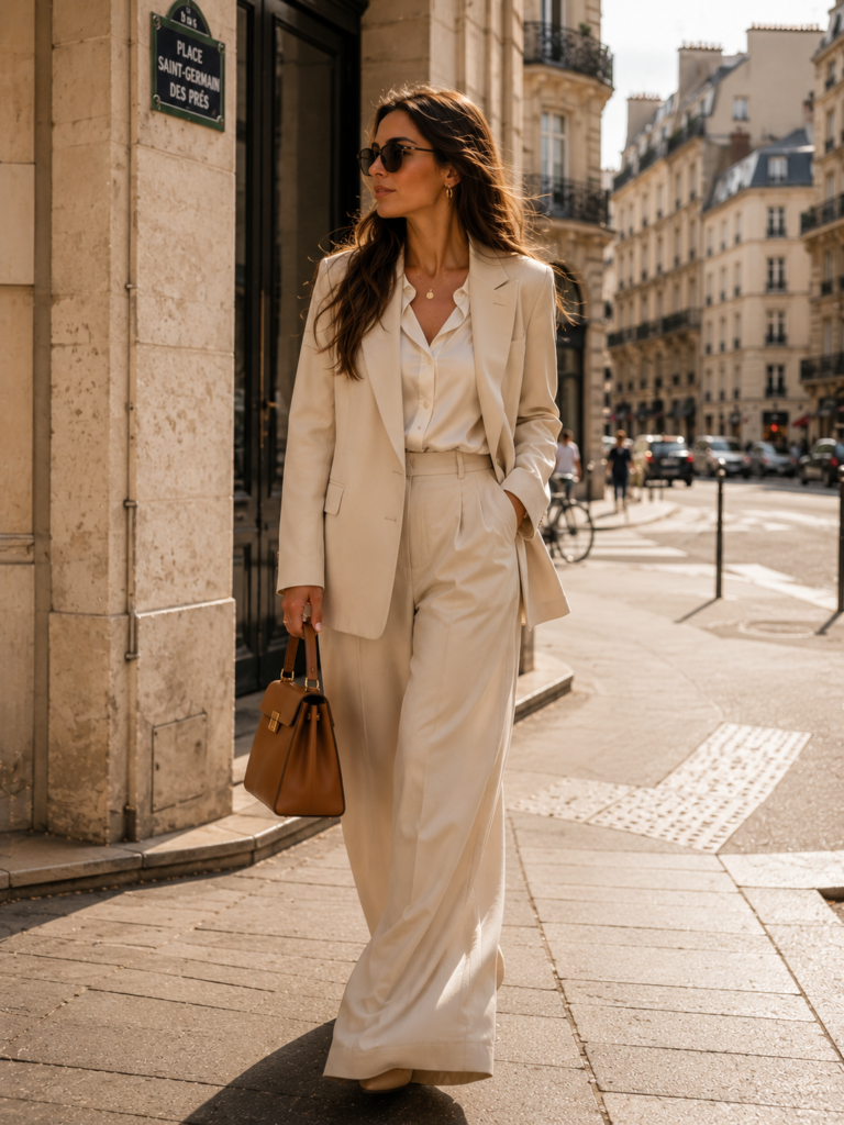 quiet luxury outfit with tailored blazer and wide leg trousers