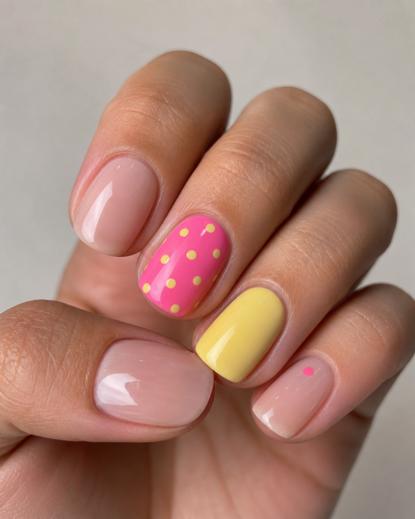 nude nails with pink and yellow accent nails and dot design glossy manicure