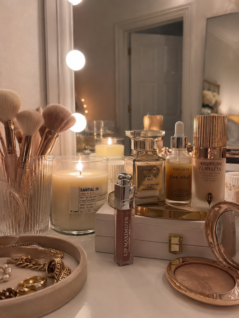 feminine soft glam makeup vanity aesthetic