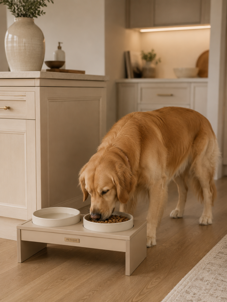 luxury dog feeding station with ceramic bowls
