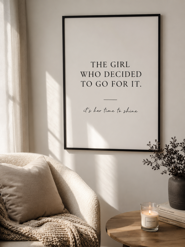 inspirational quote wall art in cozy feminine room