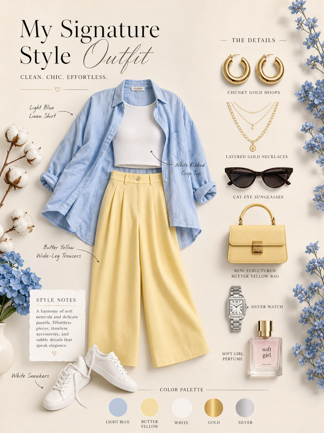 "My Signature Style Outfit" mood board featuring a clean chic effortless look with light blue oversized linen shirt worn open over a white ribbed crop top, high-waisted butter yellow wide-leg trousers, chunky gold hoops, layered gold necklaces, mini structured butter yellow handbag, white sneakers, cat-eye sunglasses, and soft girl perfume arranged elegantly with color palette swatches
