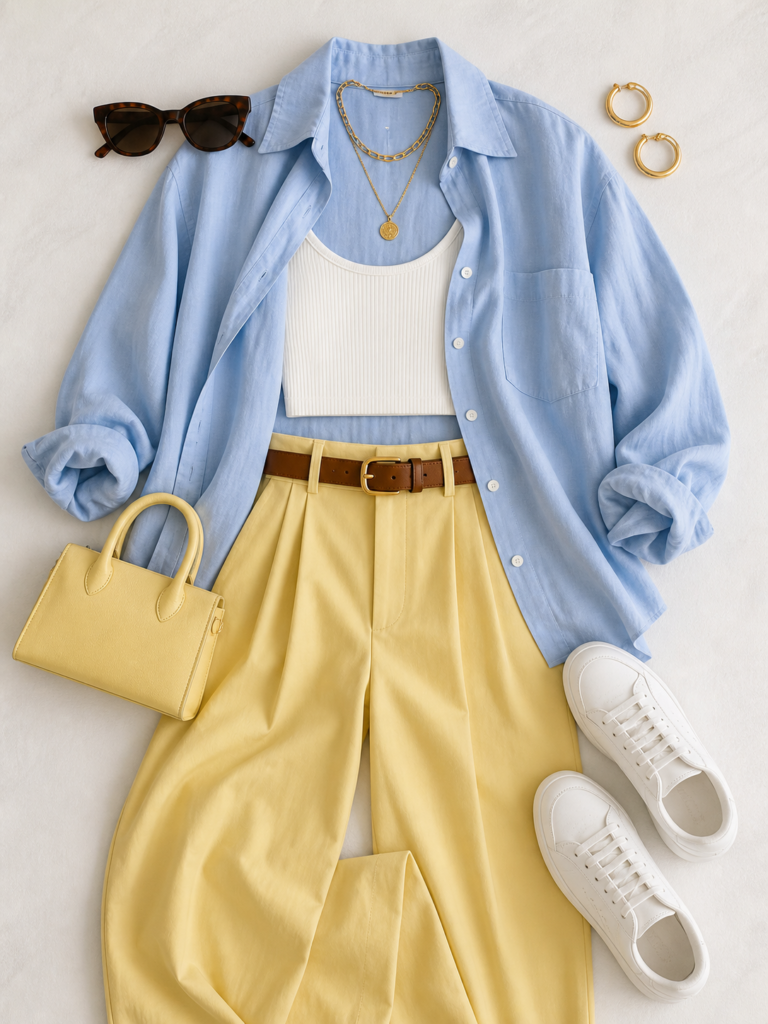 Full flat lay of clean chic effortless outfit showing light blue oversized linen shirt over white ribbed crop top, high-waisted butter yellow wide-leg trousers, brown leather belt, chunky gold hoops, mini butter yellow handbag, and white sneakers