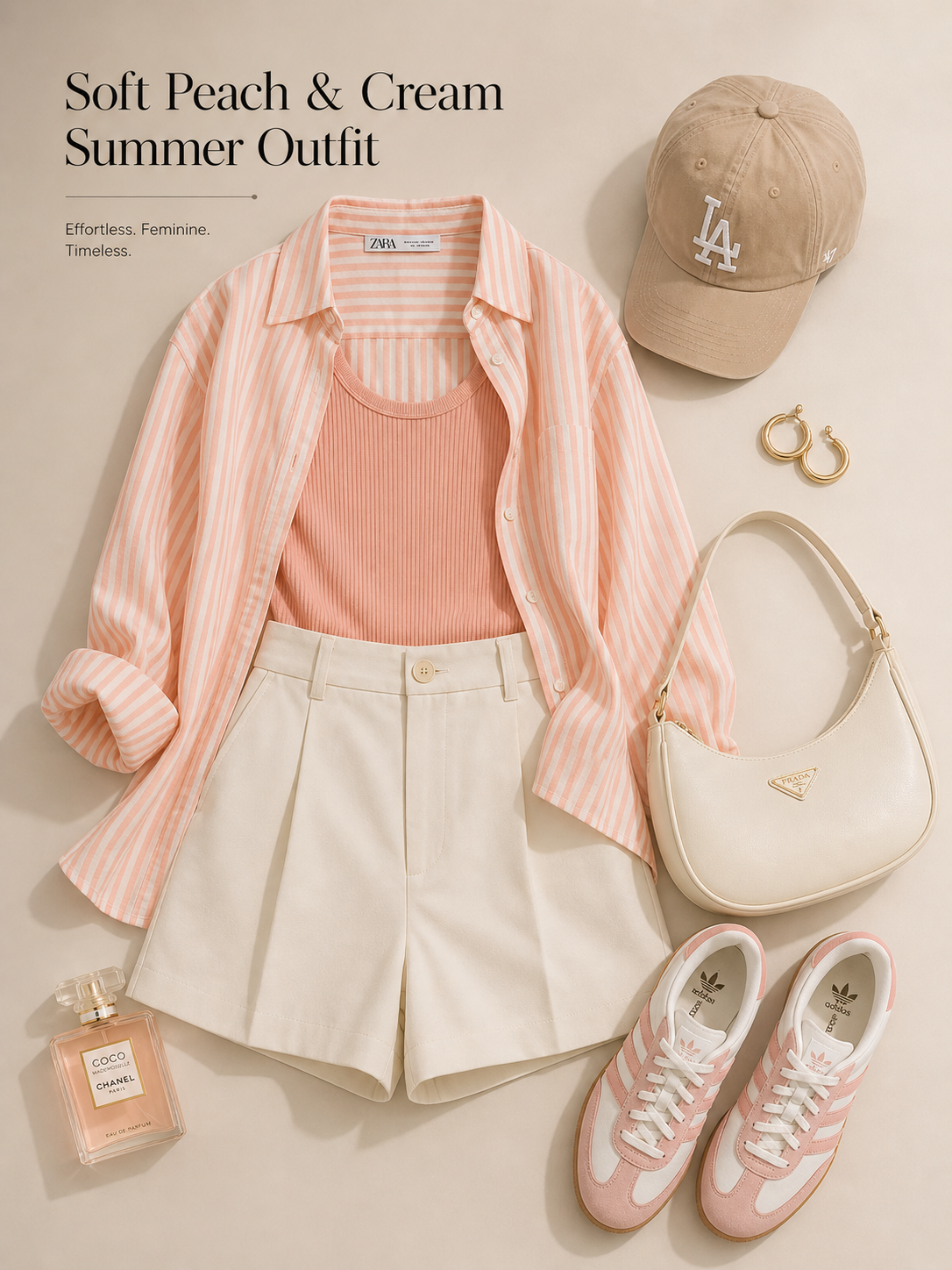 Soft peach and cream summer outfit 2026 mood board featuring a peach ribbed tank top under a striped peach-and-white button-down shirt, cream high-waisted shorts, beige baseball cap with LA logo, white shoulder bag, gold hoop earrings, pink-and-white sneakers, and perfume bottle arranged in a clean flat lay