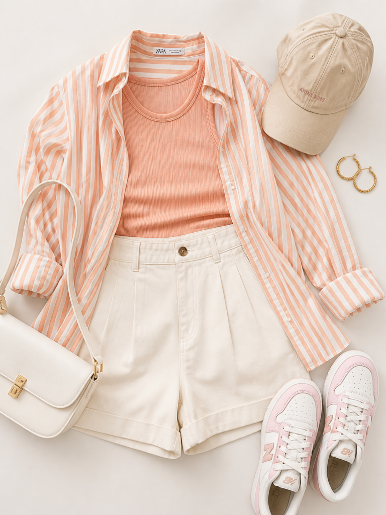 Full flat lay of soft peach & cream summer outfit showing peach ribbed tank top layered under striped peach-and-white button-down shirt, cream high-waisted shorts, beige baseball cap, white shoulder bag, gold hoops, and pink-and-white sneakers