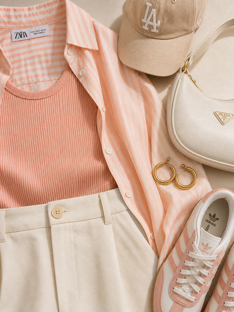 Close-up detail shot of soft peach & cream summer outfit 2026 showing gold hoop earrings, beige LA baseball cap, white shoulder bag, pink-and-white sneakers, and perfume bottle alongside the peach tank and striped shirt