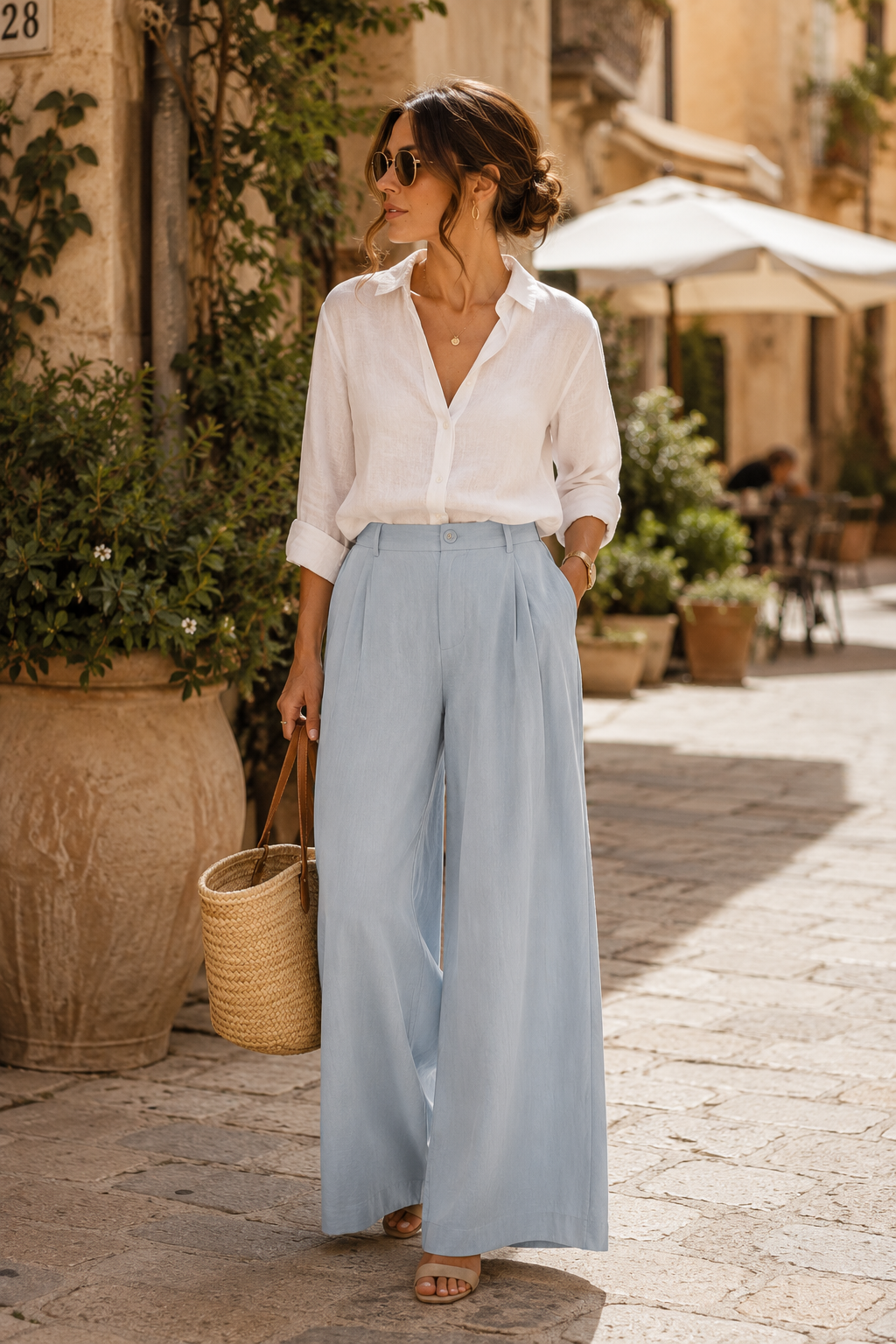 stylish vacation outfit with ivory shirt and blue wide leg pants