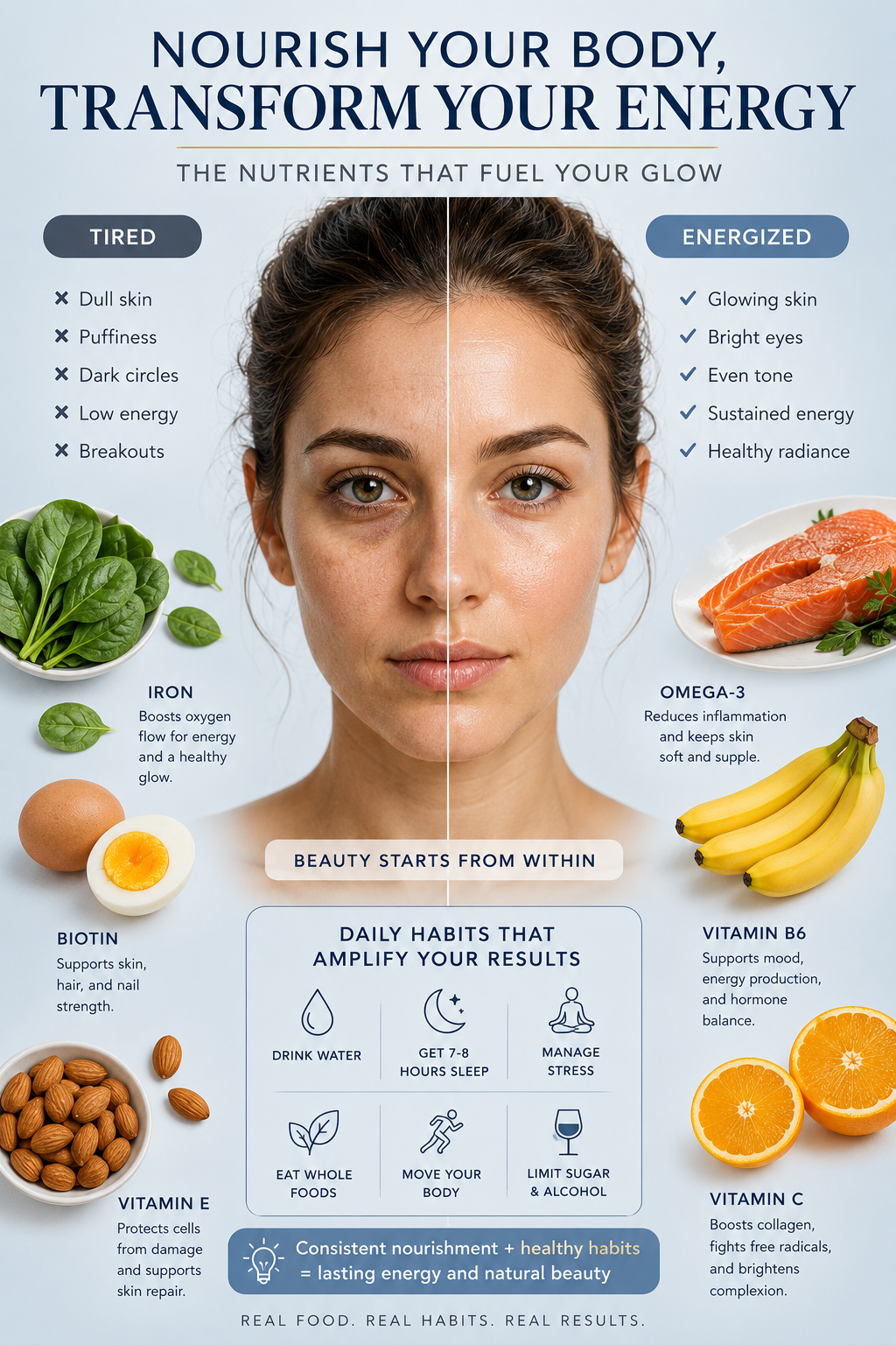 infographic about signs of vitamin deficiency and foods for energy
