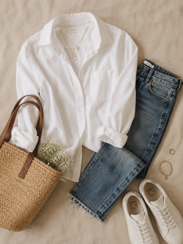 white shirt and blue jeans effortless chic outfit idea