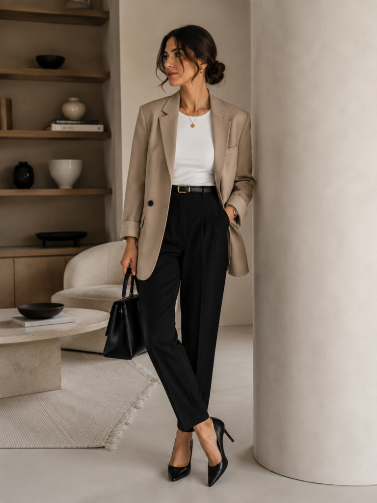 beige blazer with black trousers chic minimalist outfit