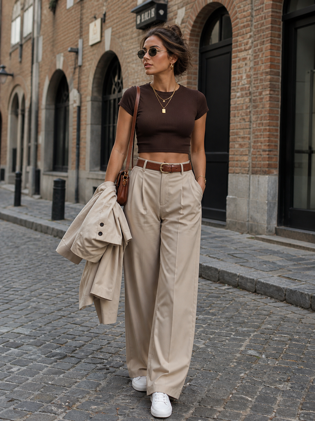 Stylish woman walking on a cobblestone street wearing a chocolate brown short-sleeve crop top, high-waisted beige wide-leg trousers, beige blazer draped over her arm, brown crossbody bag, gold jewelry, and white sneakers, quiet luxury neutral outfit in urban setting