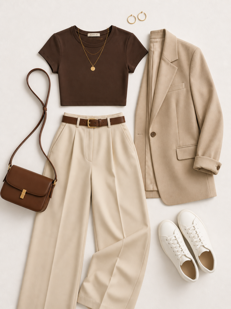 Clean flat lay of brown crop top and beige wide-leg trousers outfit featuring chocolate brown ribbed crop top, high-waisted beige trousers, beige blazer, brown leather belt, gold jewelry, brown crossbody bag, and white sneakers arranged neatly