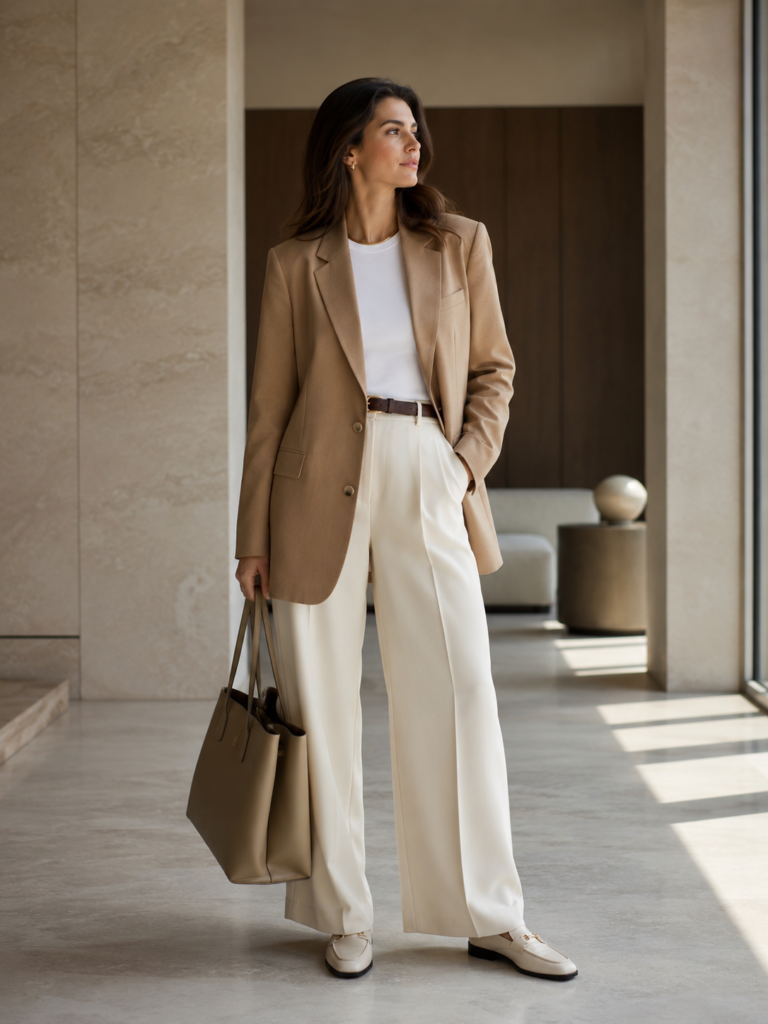 beige blazer and cream trousers quiet luxury outfit