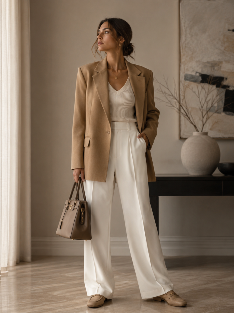camel blazer and white trousers elegant quiet luxury outfit
