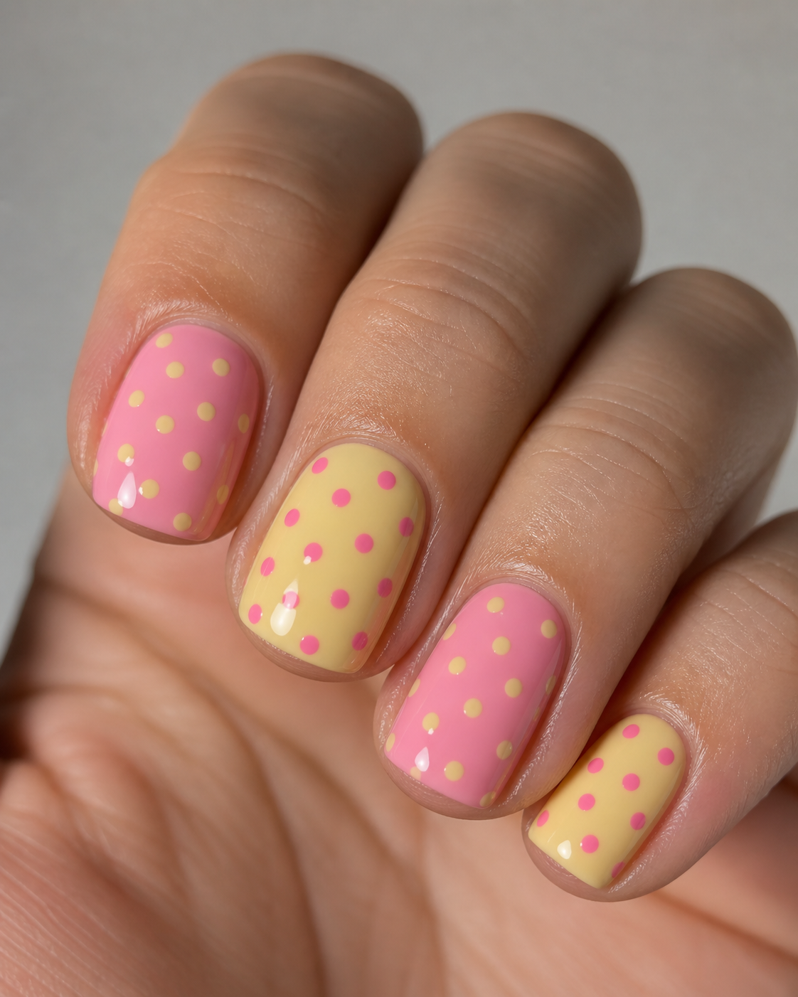 vbright pink and yellow unisex nails with polka dot design glossy finish