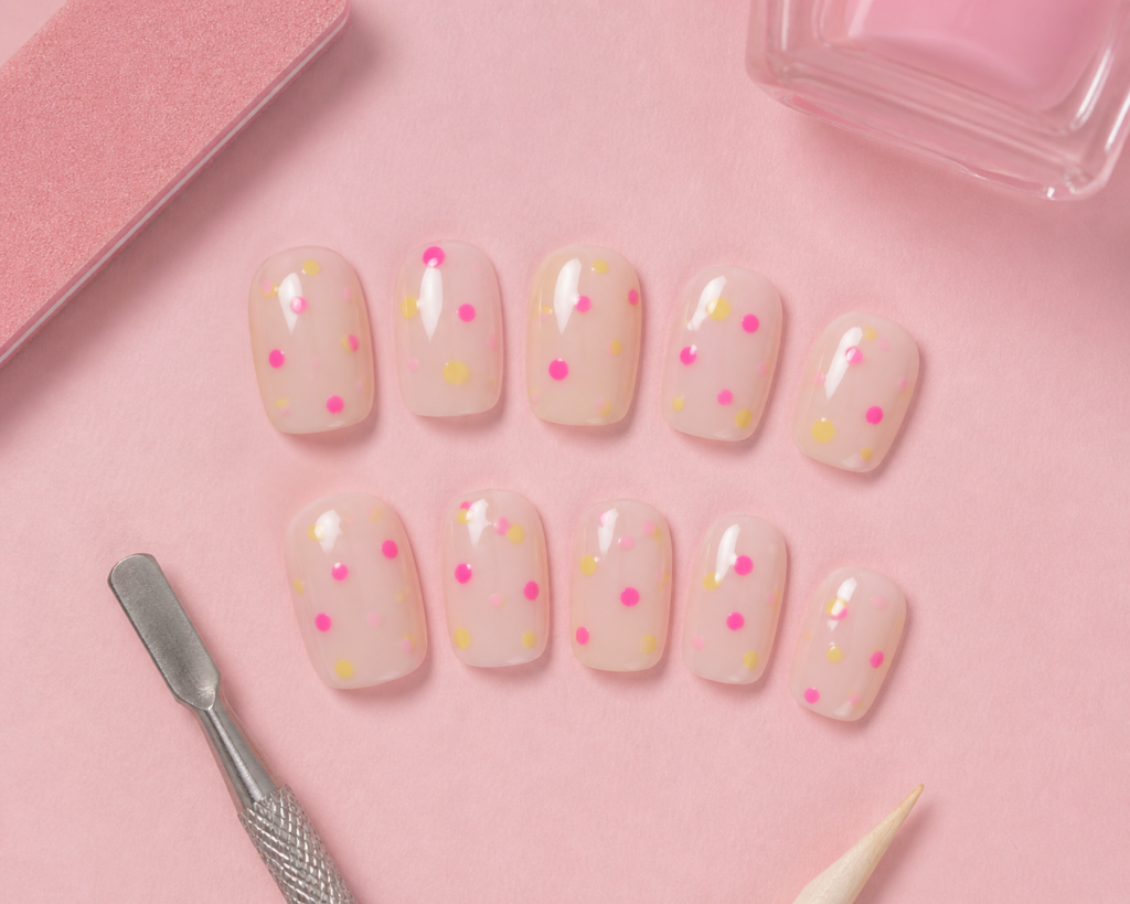 flat lay of press on nails with milky base and colorful confetti design