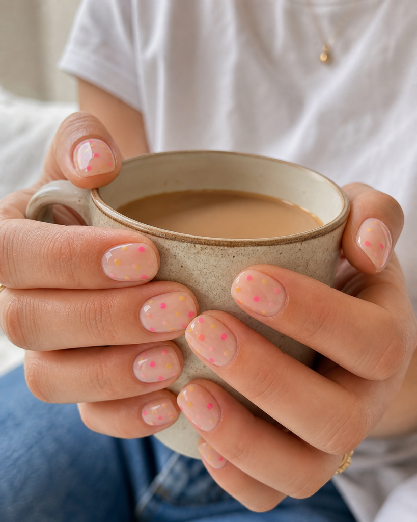 hands holding coffee mug showing glossy confetti milk nails aesthetic