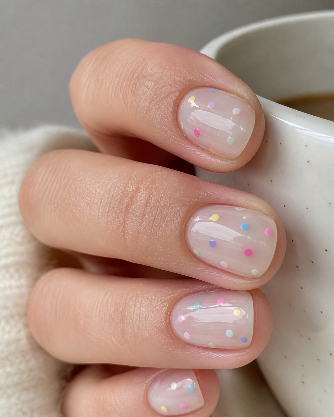 short natural nails with milky base and colorful confetti dots glossy finish