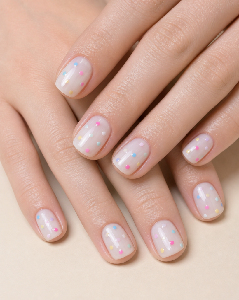 milky white nails with pastel confetti dots clean aesthetic manicure