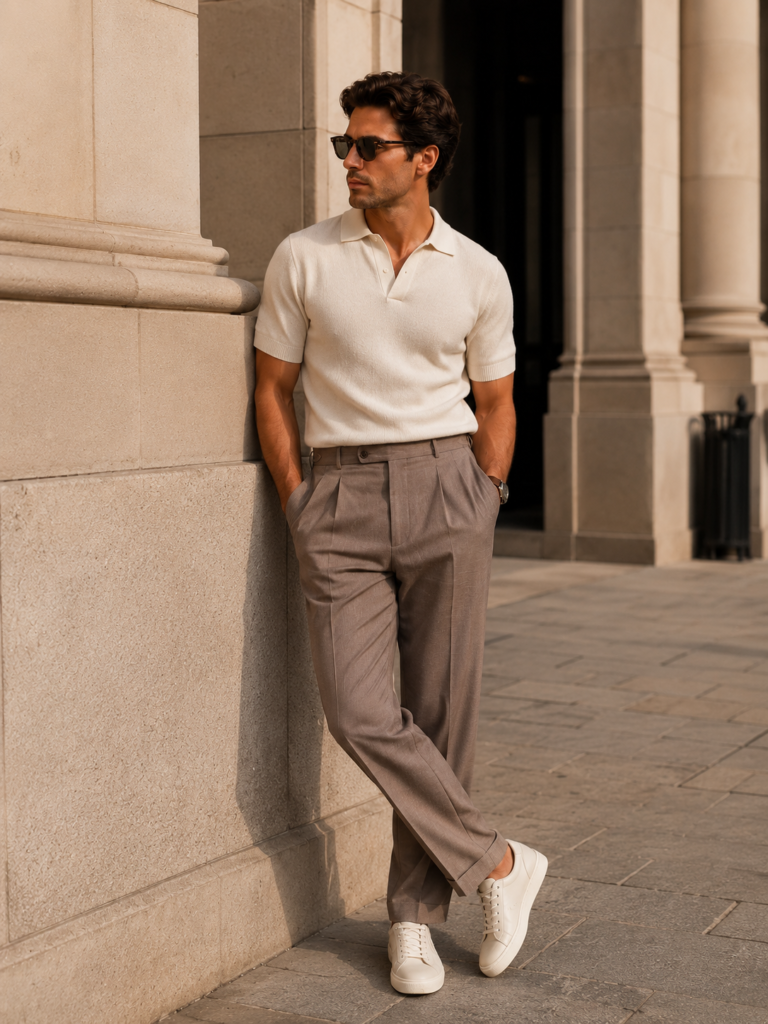 white linen shirt with beige trousers old money outfit