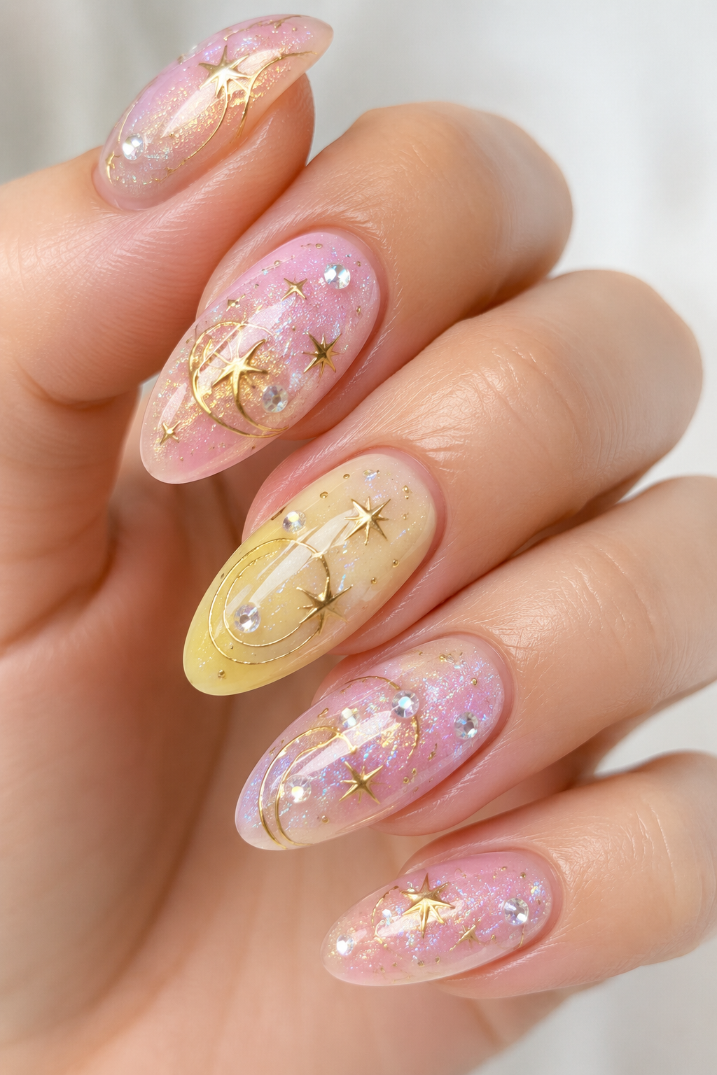 pastel pink and yellow galaxy nails with rhinestones and gold swirls