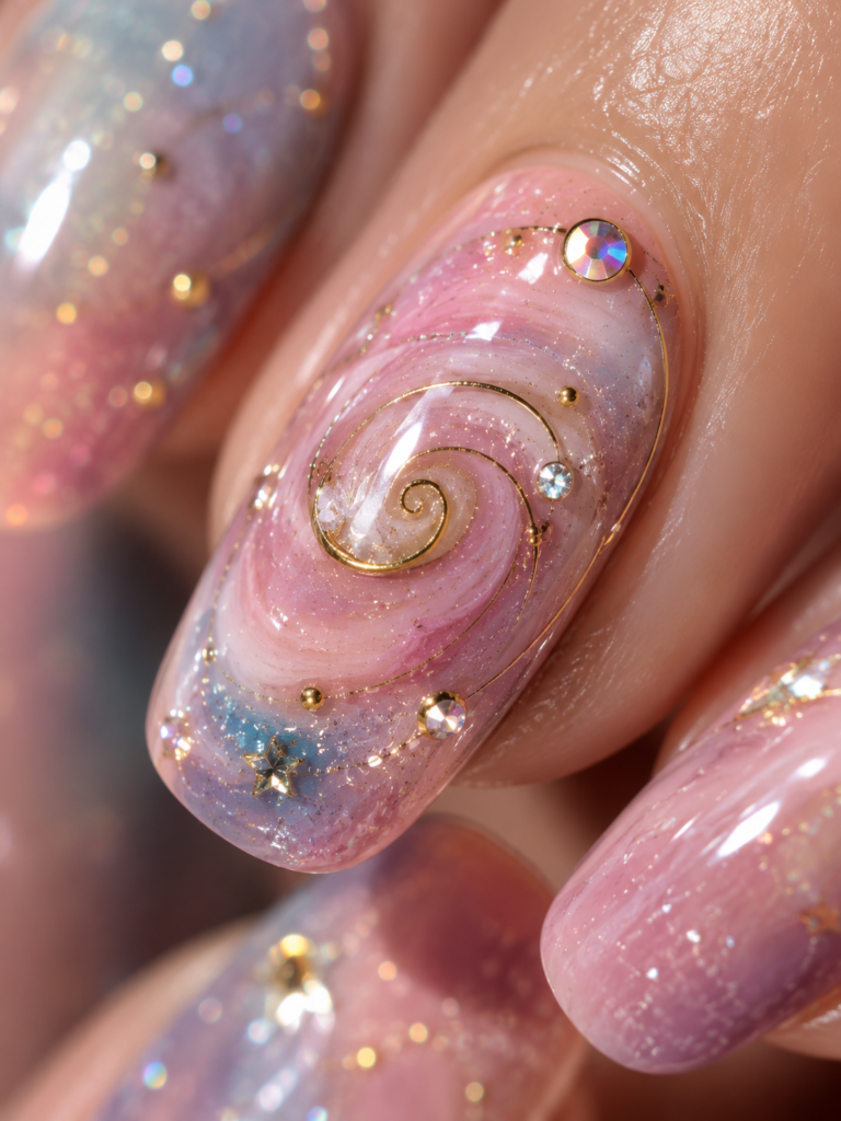pink galaxy nail with rhinestones and gold swirl detail