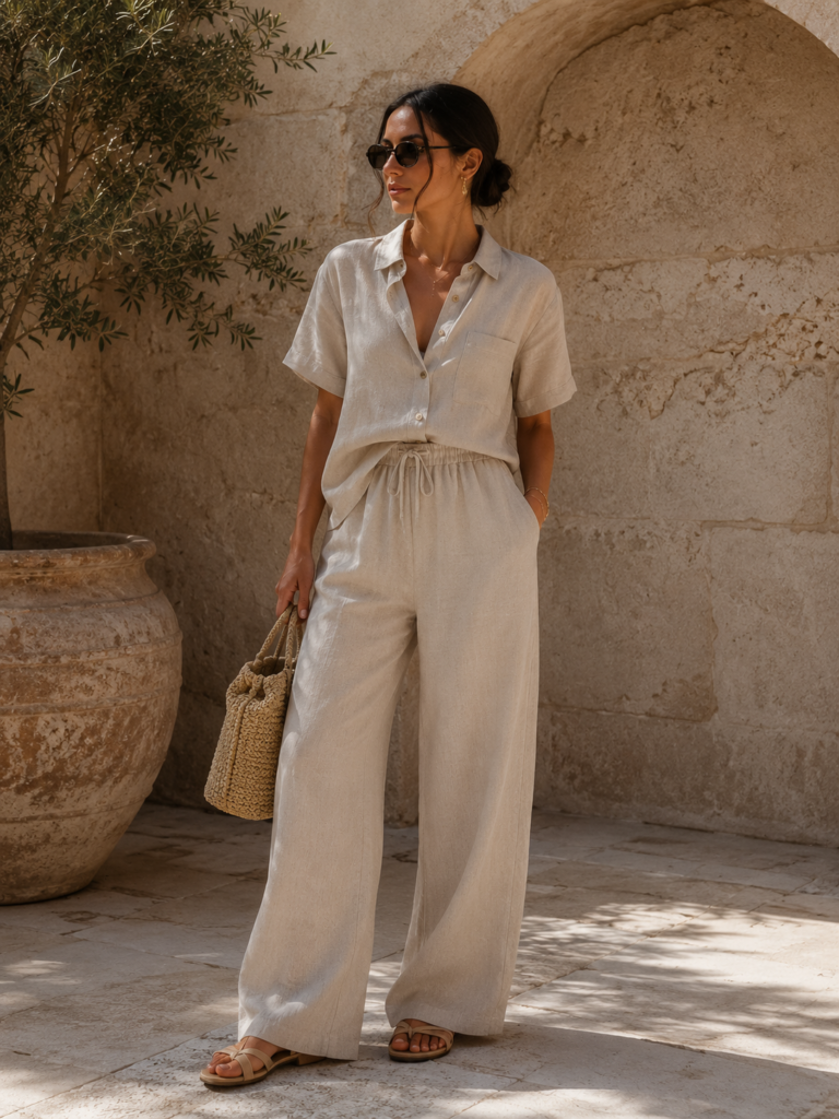 beige linen co ord set minimalist fashion women