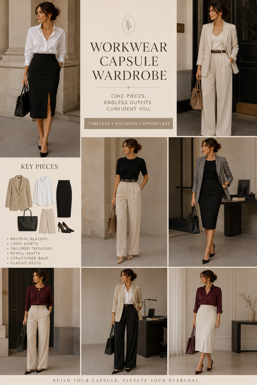 chic workwear capsule wardrobe with elegant office outfit ideas