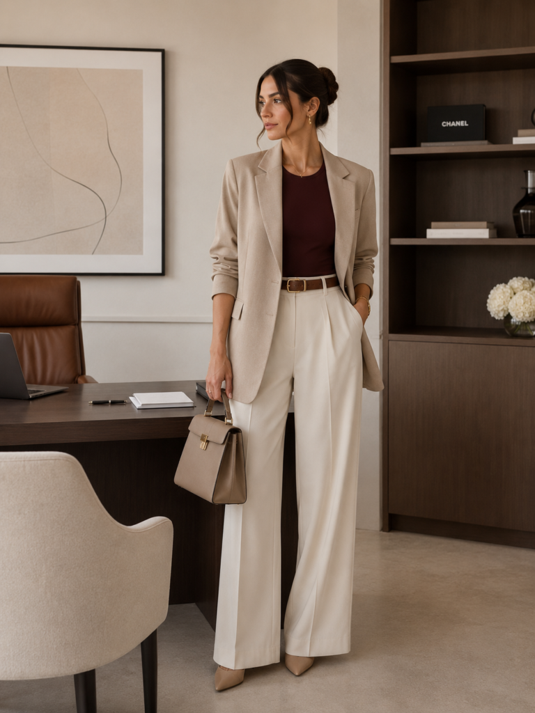 beige blazer with cream trousers chic office outfit