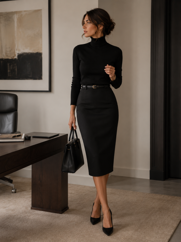 black pencil skirt and turtleneck office outfit inspiration