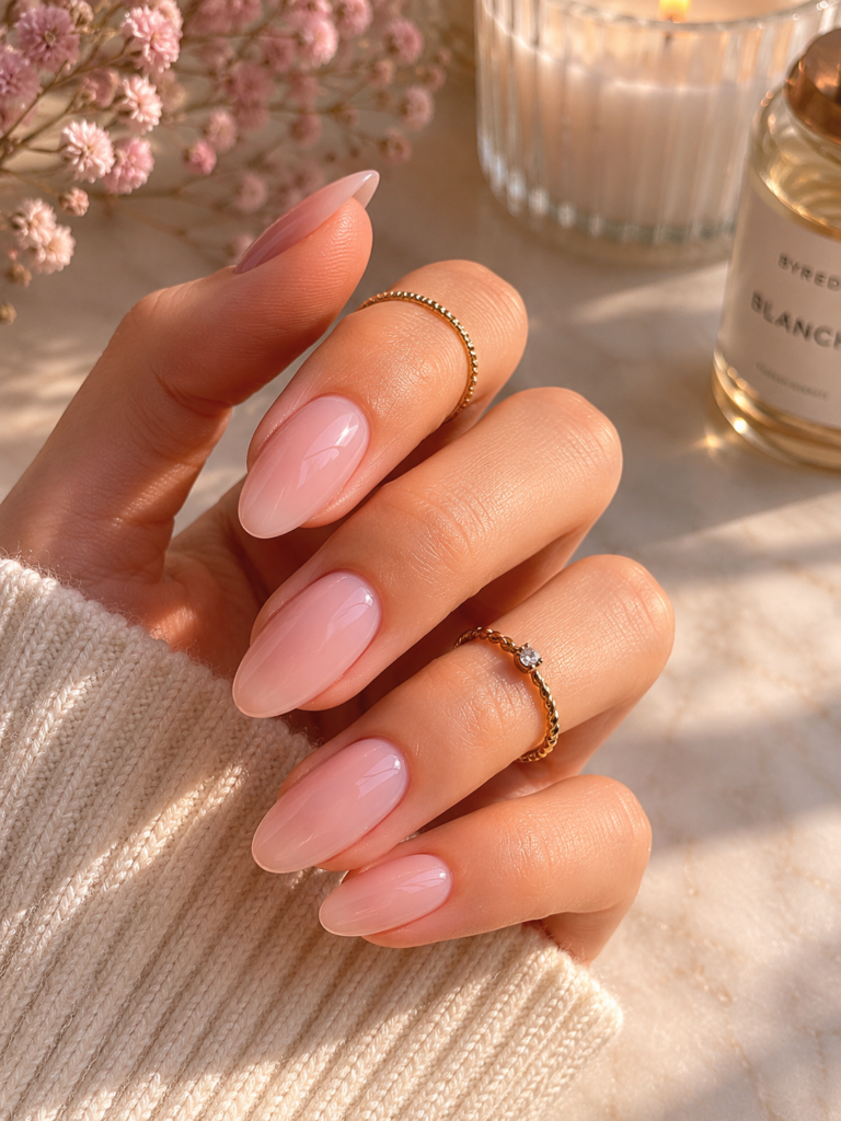glossy soft pink almond nails with classy feminine style