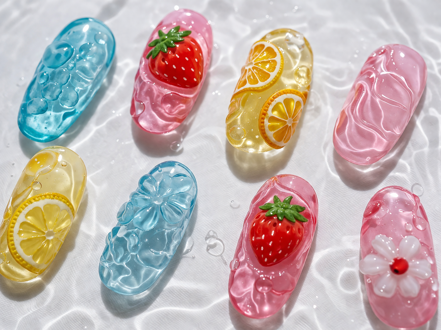 colorful 3d summer press on nails with water ripple effect fruit designs glossy jelly nails