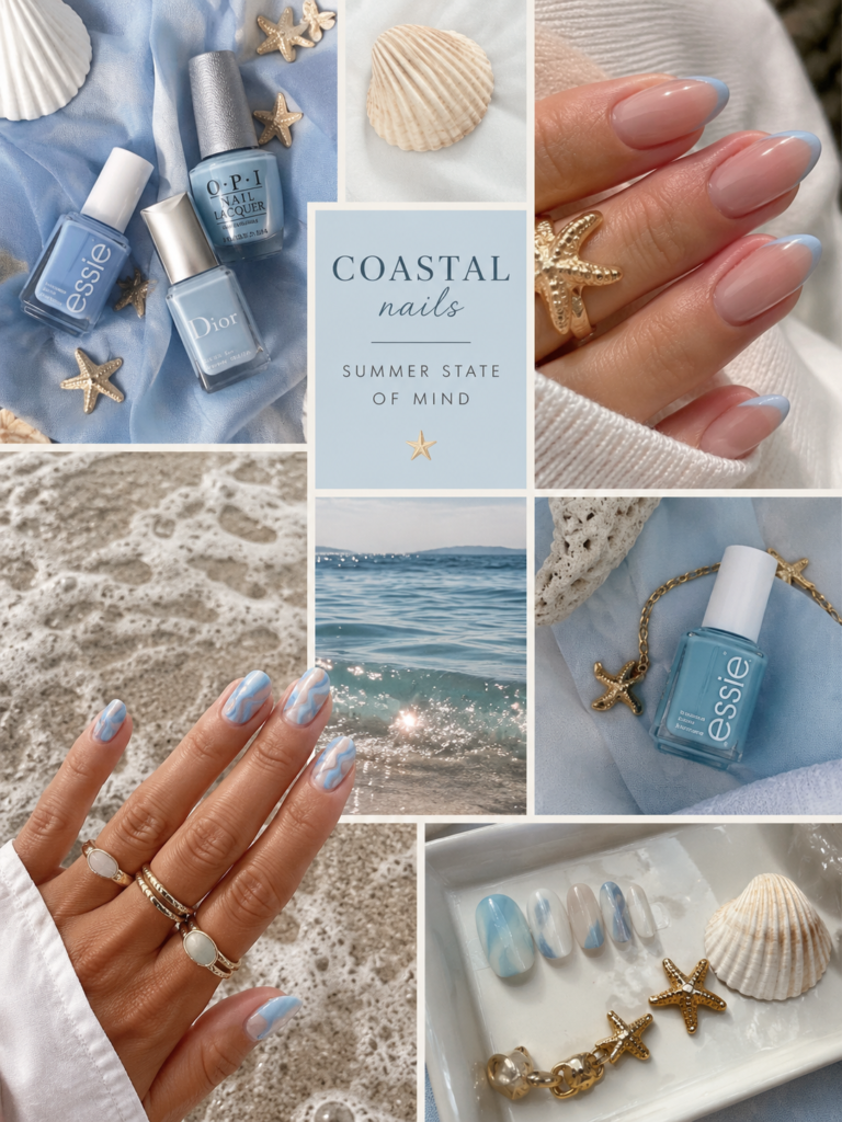 blue coastal nail mood board with turquoise polish and seashells