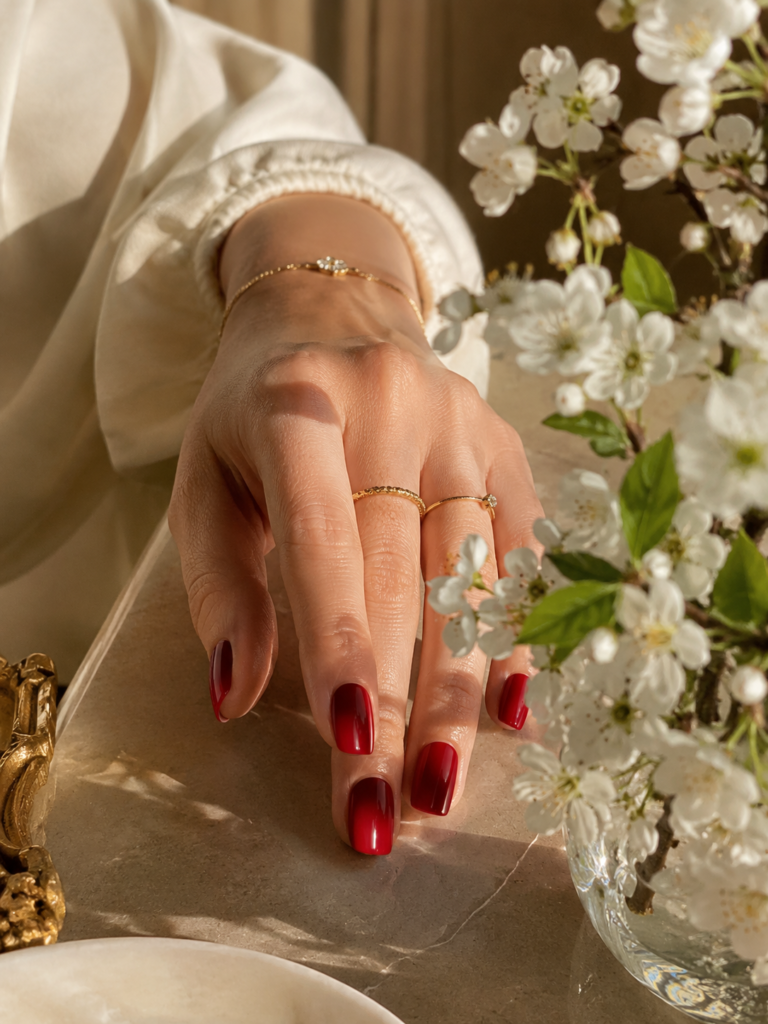 floral red nail design with white accent nails