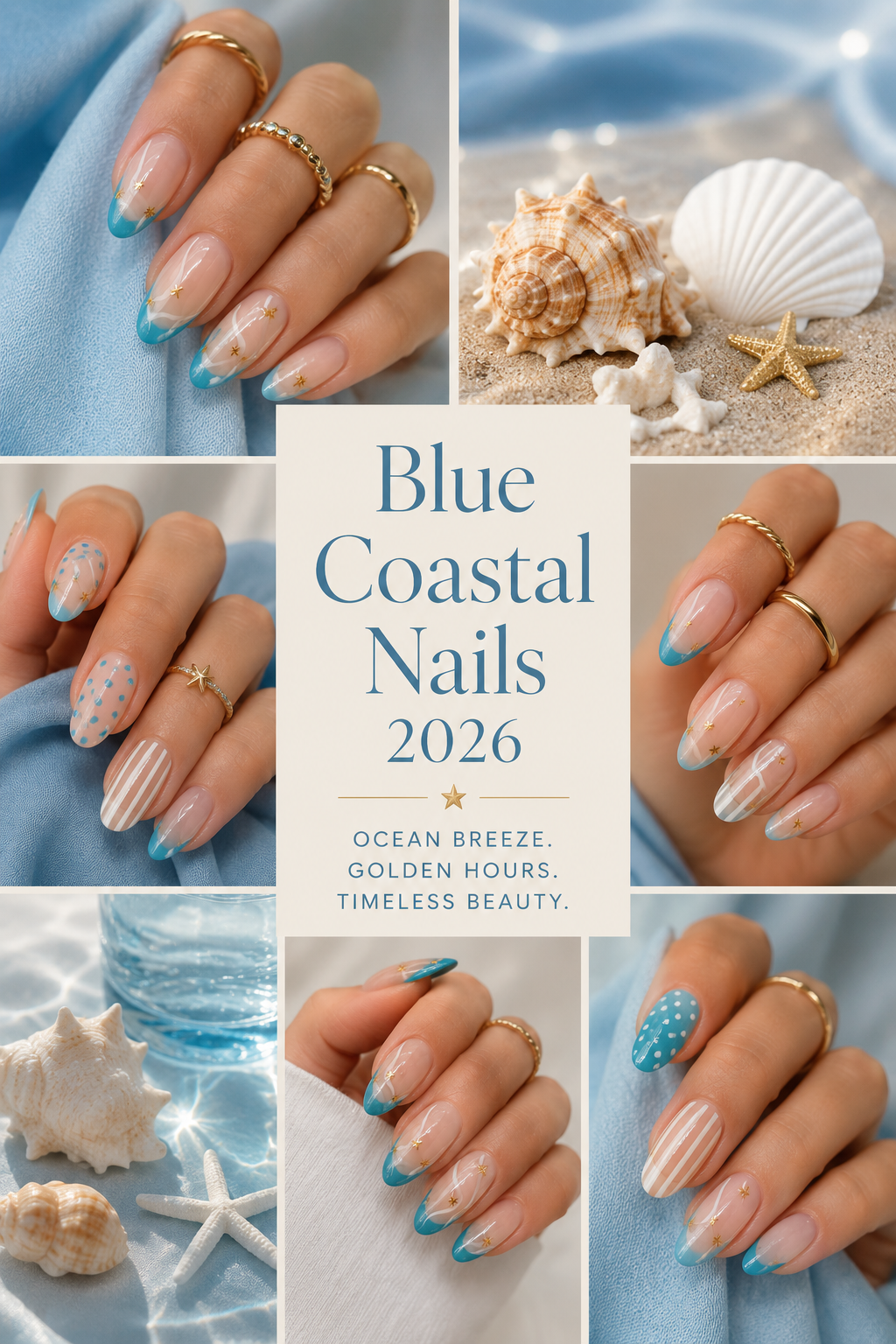 blue coastal nails with turquoise French tips and gold star details