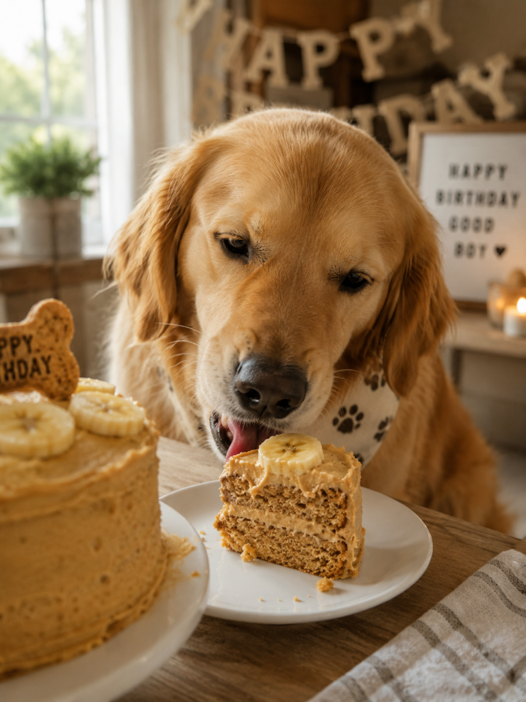 Happy Golden Retriever eating a healthy homemade birthday cake made especially for dogs.