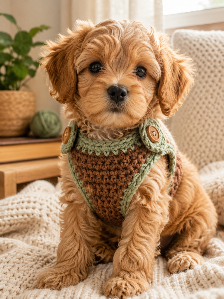 puppy wearing handmade crochet dog harness