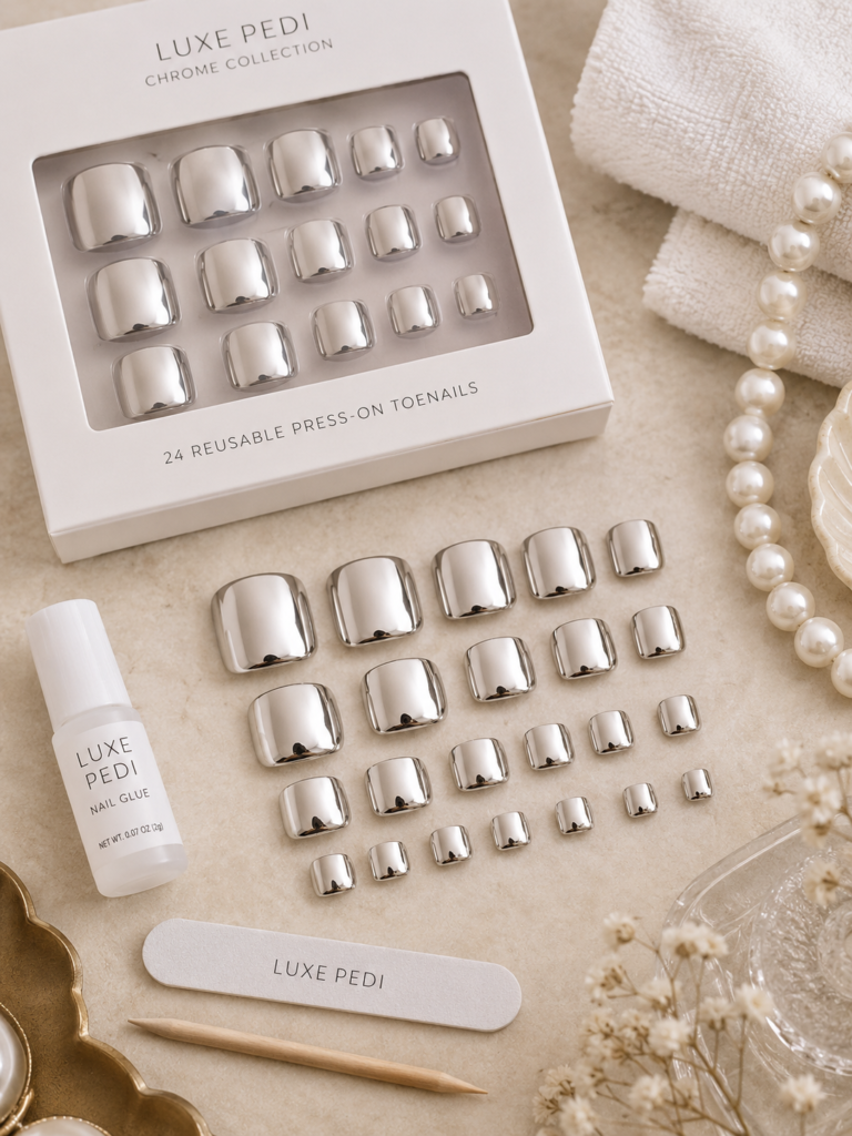silver press on toenail kit and pedicure tools