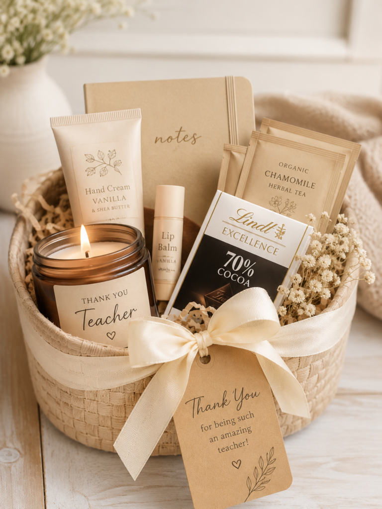 teacher gift basket with cozy thank you gift tag