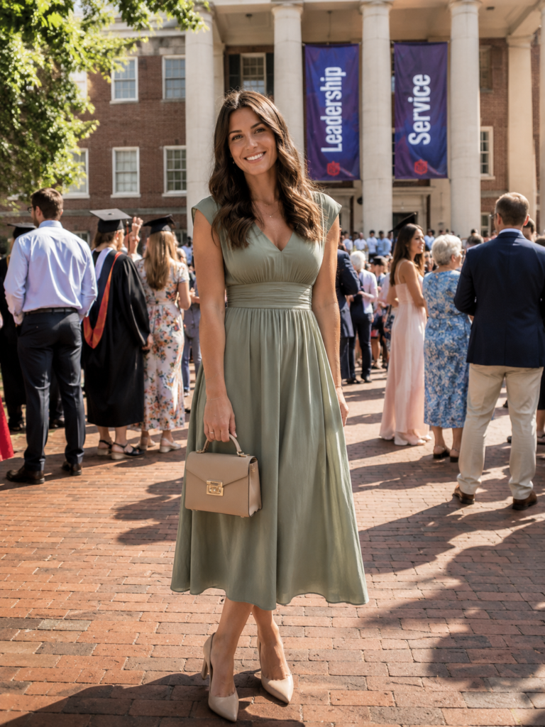 sage green midi dress graduation guest outfit