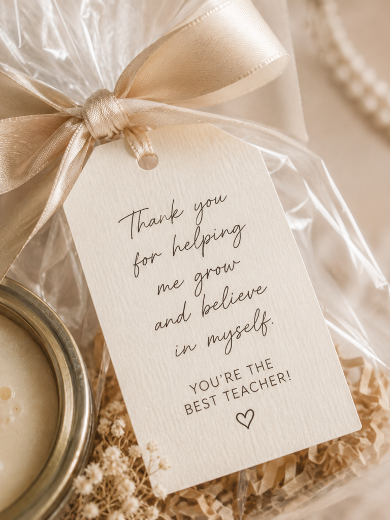 close up of teacher appreciation gift tag with satin ribbon