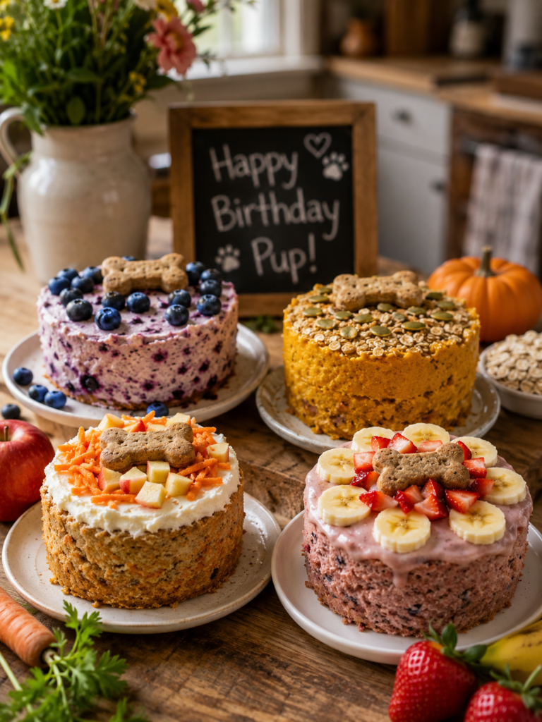Assortment of healthy homemade dog birthday cakes made with blueberries, pumpkin, apples, carrots, and strawberries.