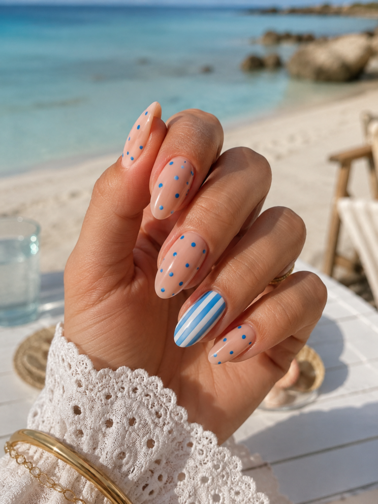 blue polka dot summer nails with striped accent nail