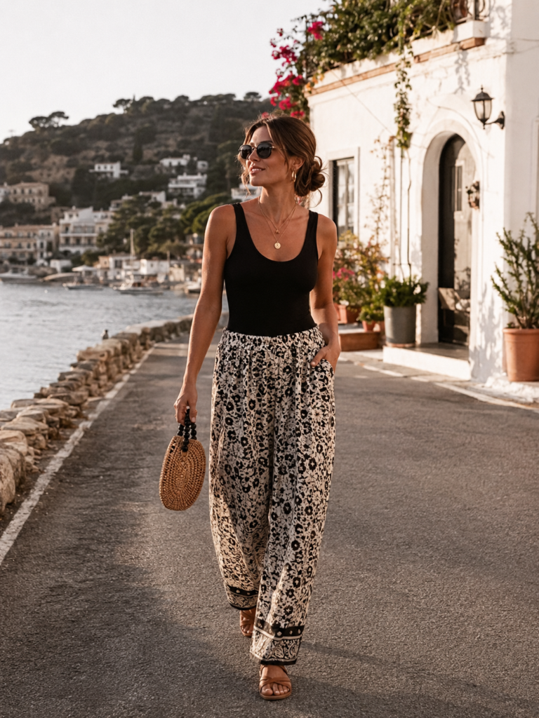 black tank top and wide leg pants summer vacation outfit