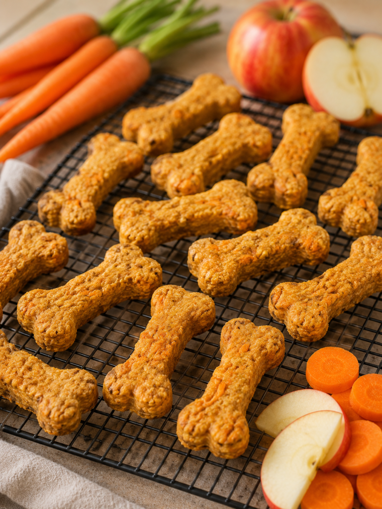 freshly baked apple and carrot dog biscuits cooling on rack
